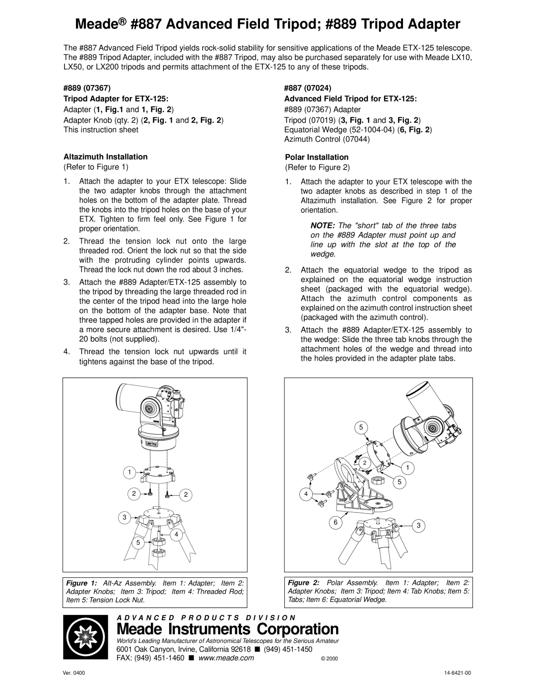 Meade instruction sheet Meade Instruments Corporation, Meade #887 Advanced Field Tripod #889 Tripod Adapter 