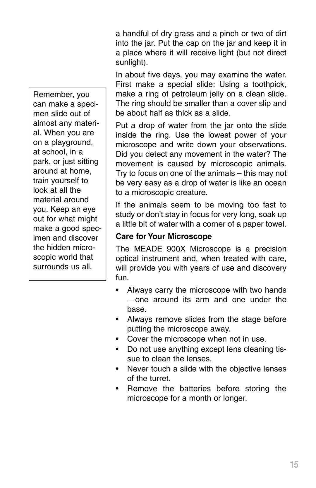 Meade 900X instruction manual Care for Your Microscope 