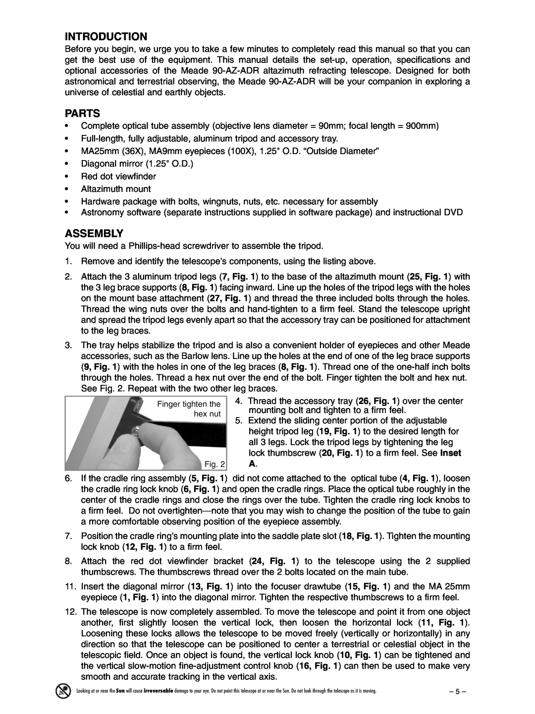 Meade 90AZ-ADRB instruction manual Introduction, Parts, Assembly 
