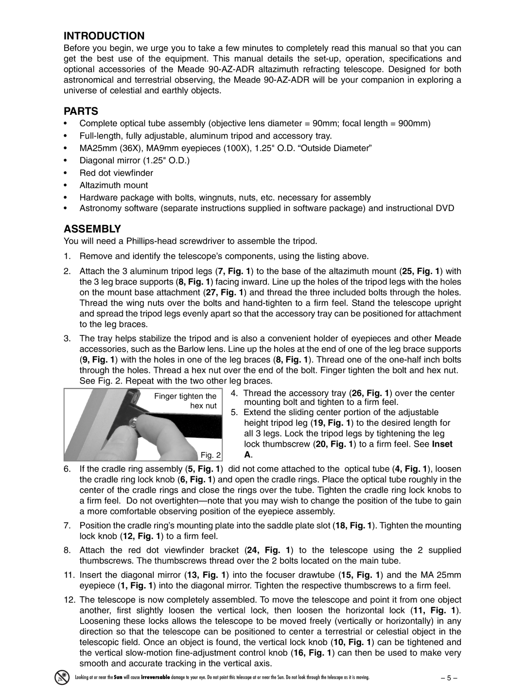 Meade 90AZ-ADRB instruction manual Introduction, Parts, Assembly 