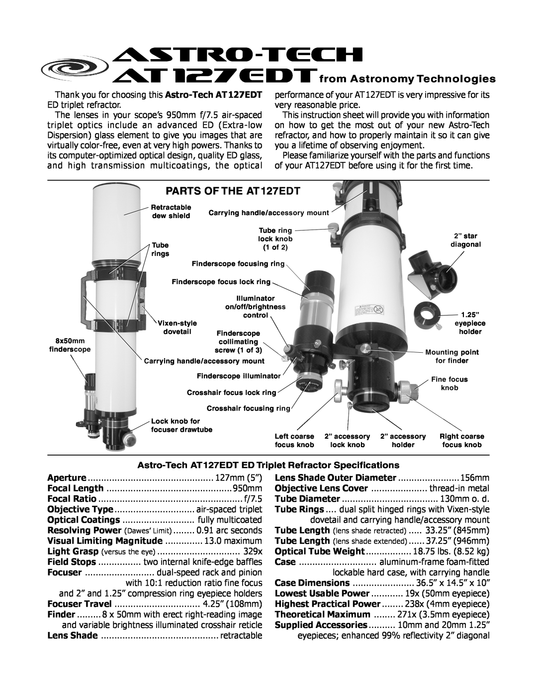 Meade AT 127EDT instruction sheet Astro-Tech AT127EDT ED Triplet Refractor Specifications, astro-tech, Lowest Usable Power 