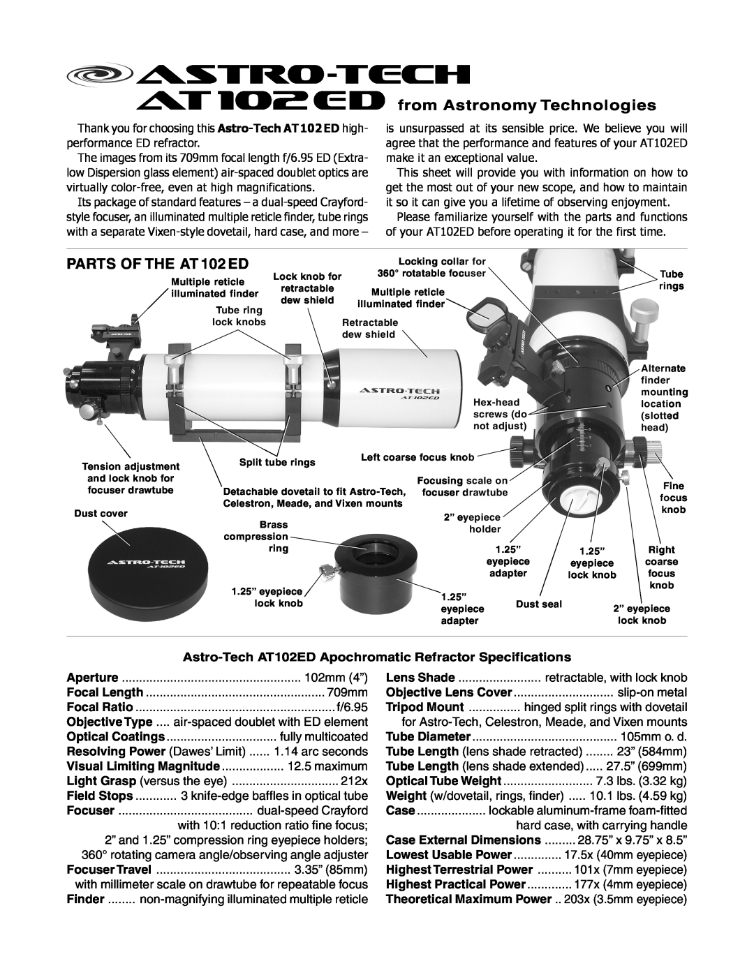 Meade specifications Astro-Tech AT102ED Apochromatic Refractor Specifications, Objective Type, astro-tech 