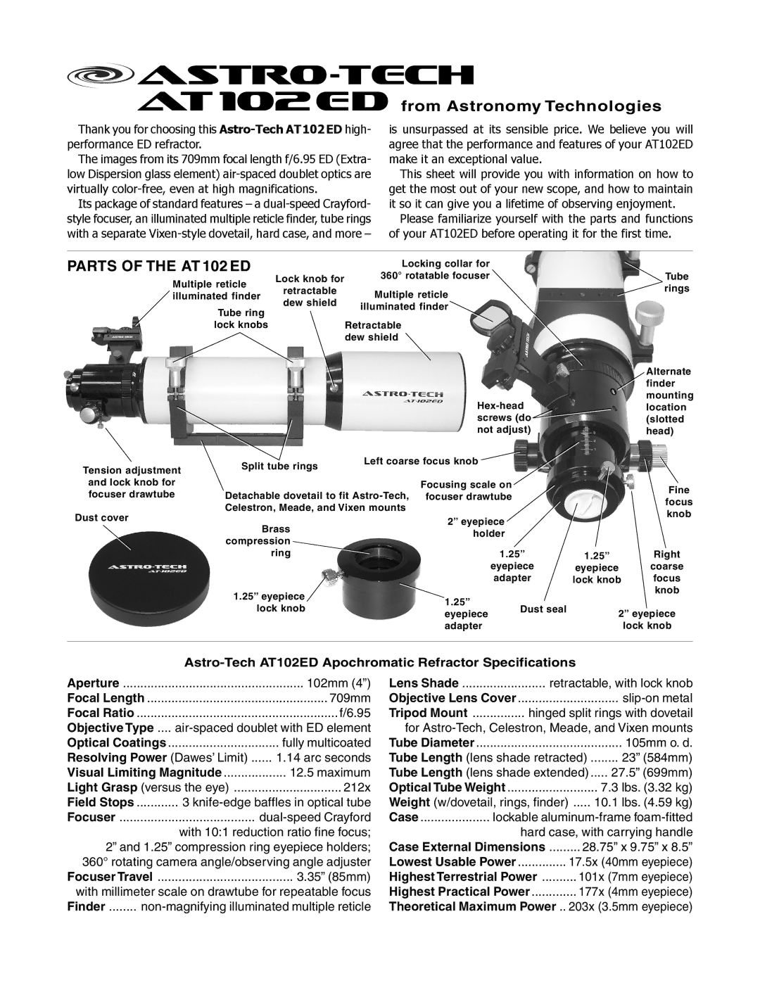 Meade specifications Astro-Tech AT102ED Apochromatic Refractor Specifications, Objective Type 