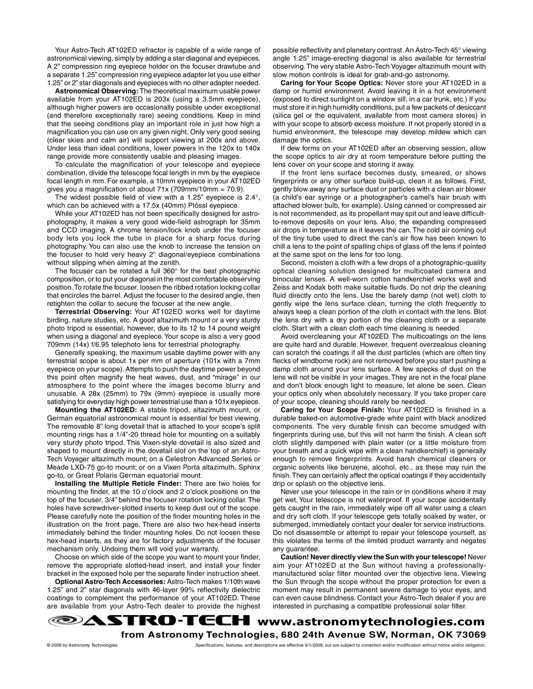 Meade AT102ED specifications From Astronomy Technologies, 680 24th Avenue SW, Norman, OK, By Astronomy Technologies 