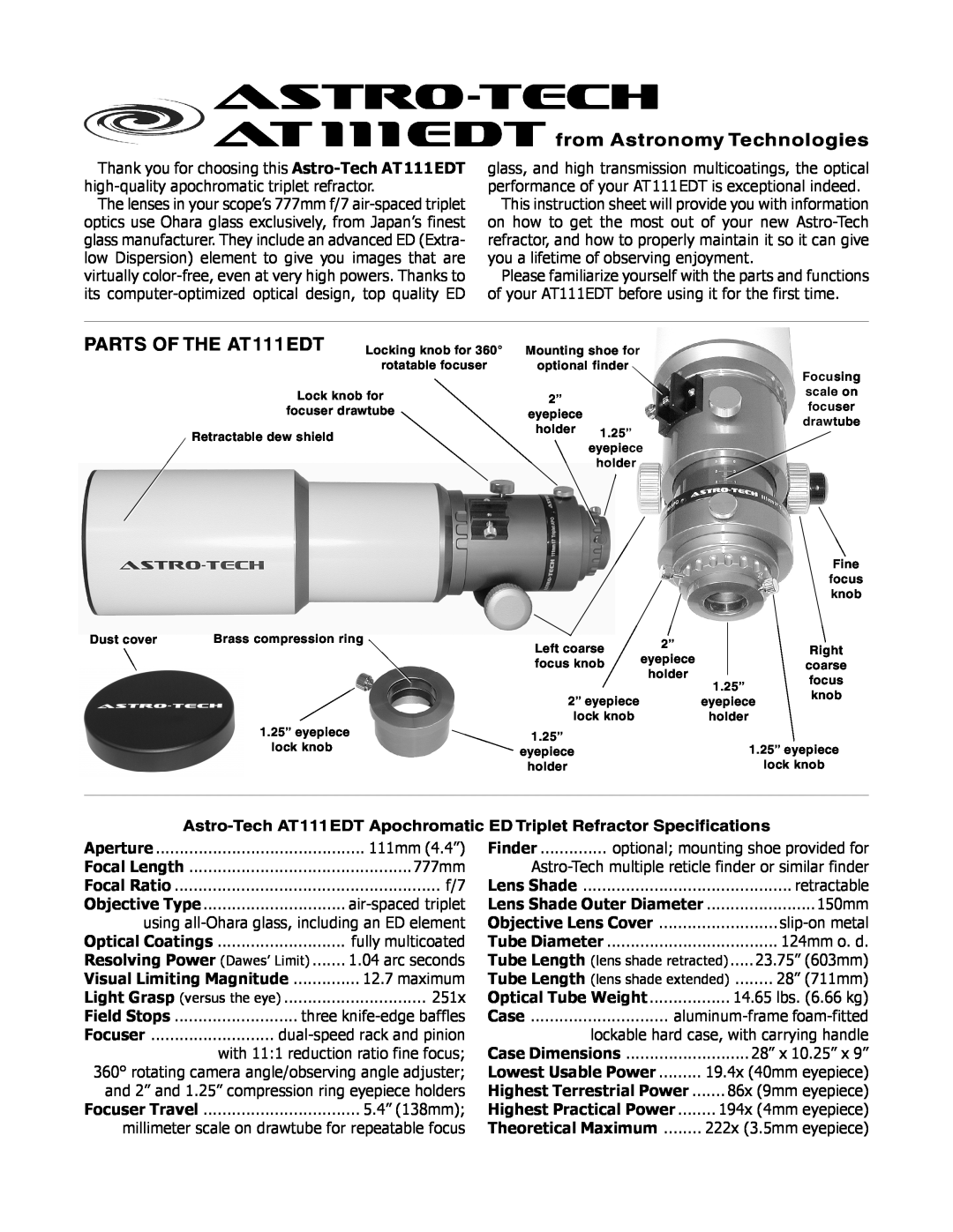 Meade instruction sheet Astro-Tech AT111EDT Apochromatic ED Triplet Refractor Specifications, astro-tech 