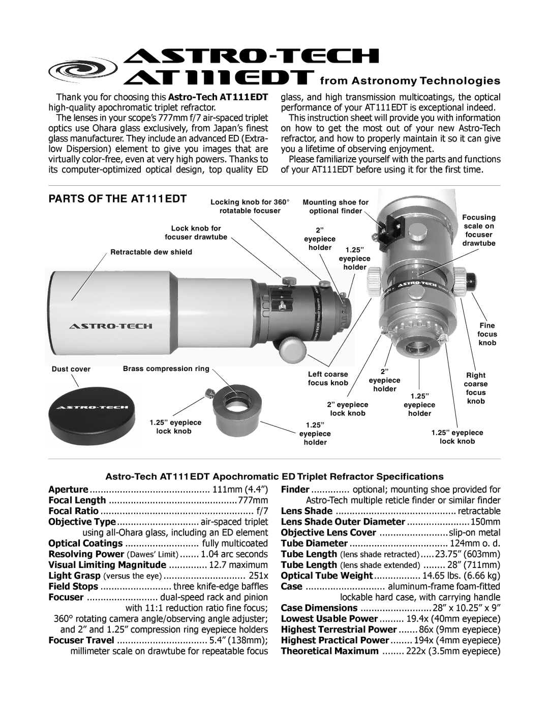 Meade instruction sheet Astro-tech, Parts of the AT111EDT, AT 111EDT from Astronomy Technologies 