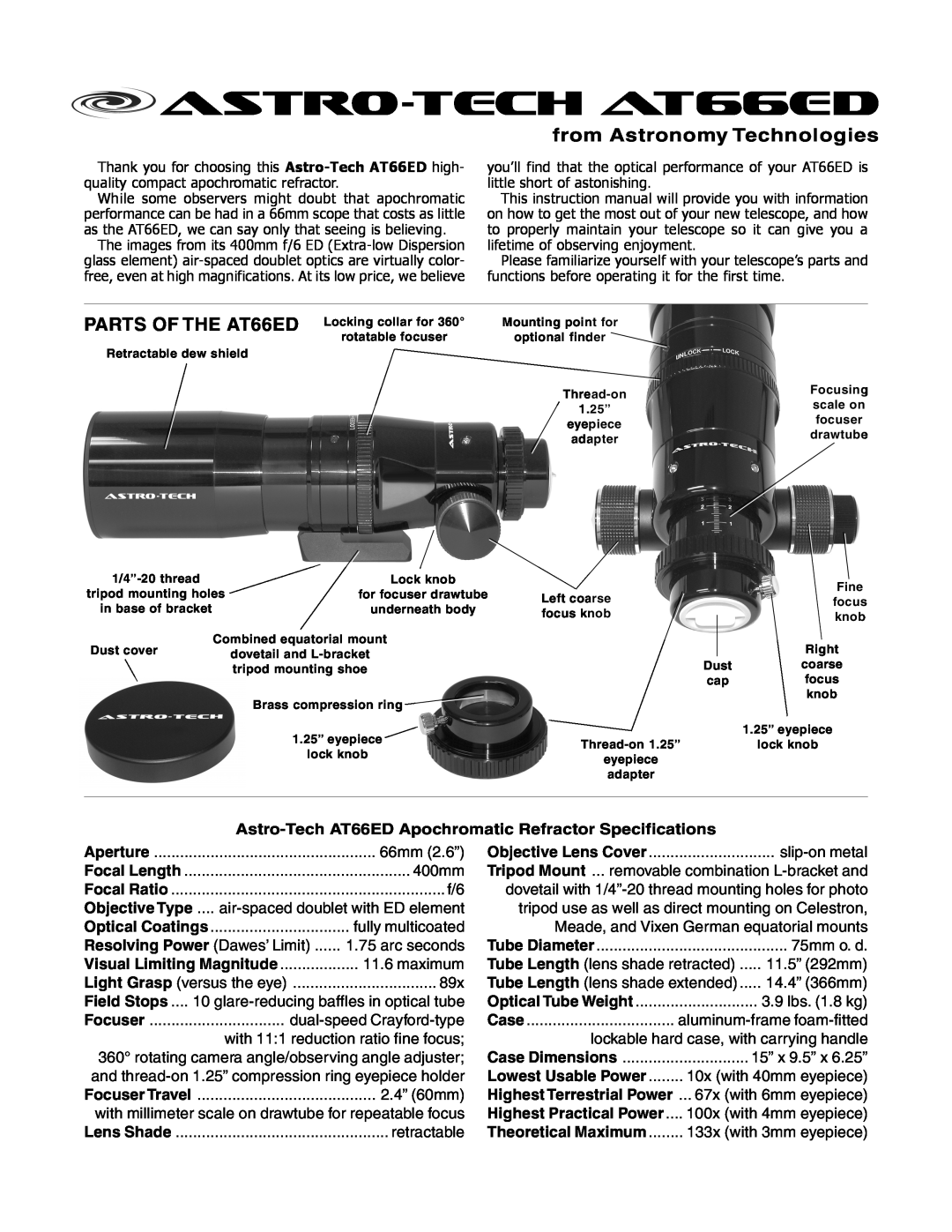 Meade instruction manual Astro-Tech AT66ED Apochromatic Refractor Specifications, Focuser, 2.4” 60mm, retractable 