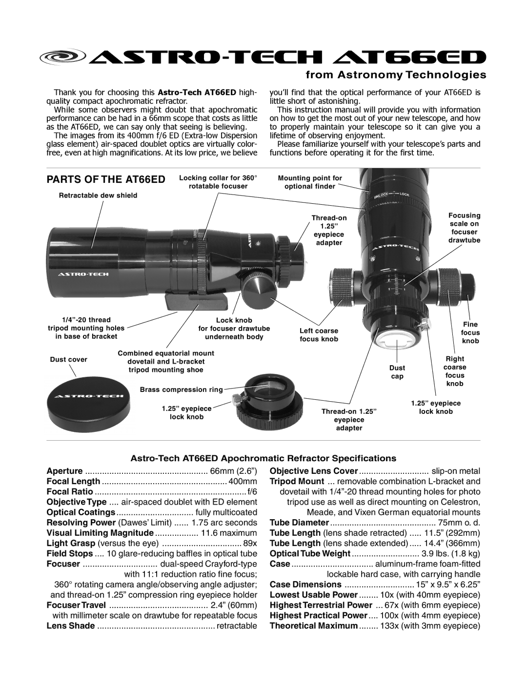 Meade instruction manual Astro-Tech AT66ED Apochromatic Refractor Specifications, Focuser, 60mm, Retractable 