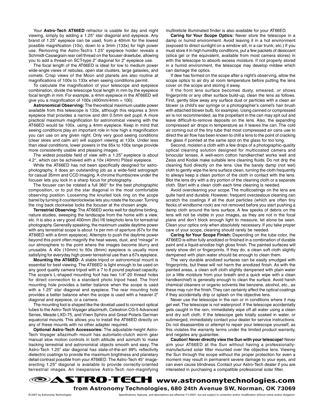 Meade AT66ED instruction manual From Astronomy Technologies, 680 24th Avenue SW, Norman, OK, By Astronomy Technologies 