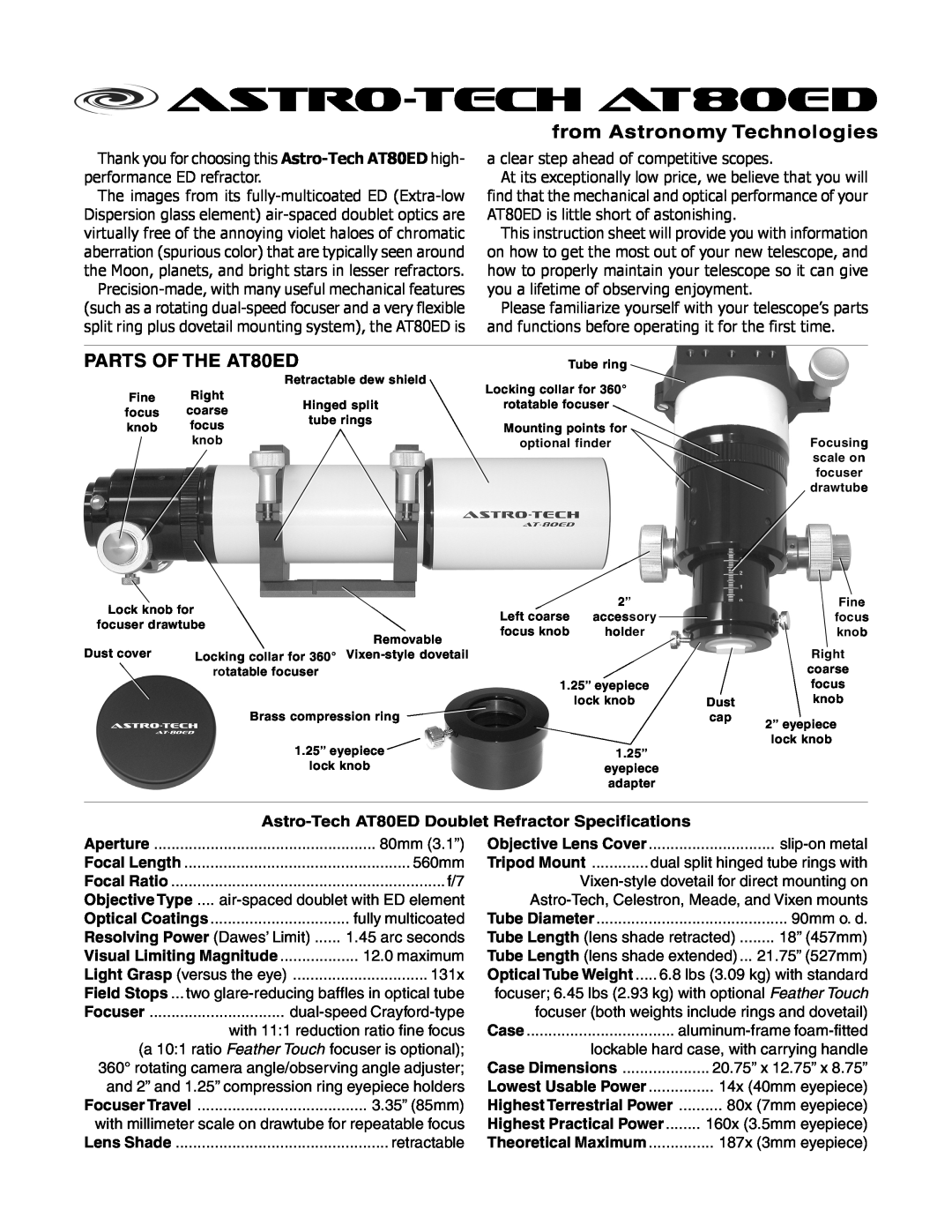 Meade instruction sheet Astro-Tech AT80ED Doublet Refractor Specifications, 3.35” 85mm, retractable, astro-tech AT80ED 