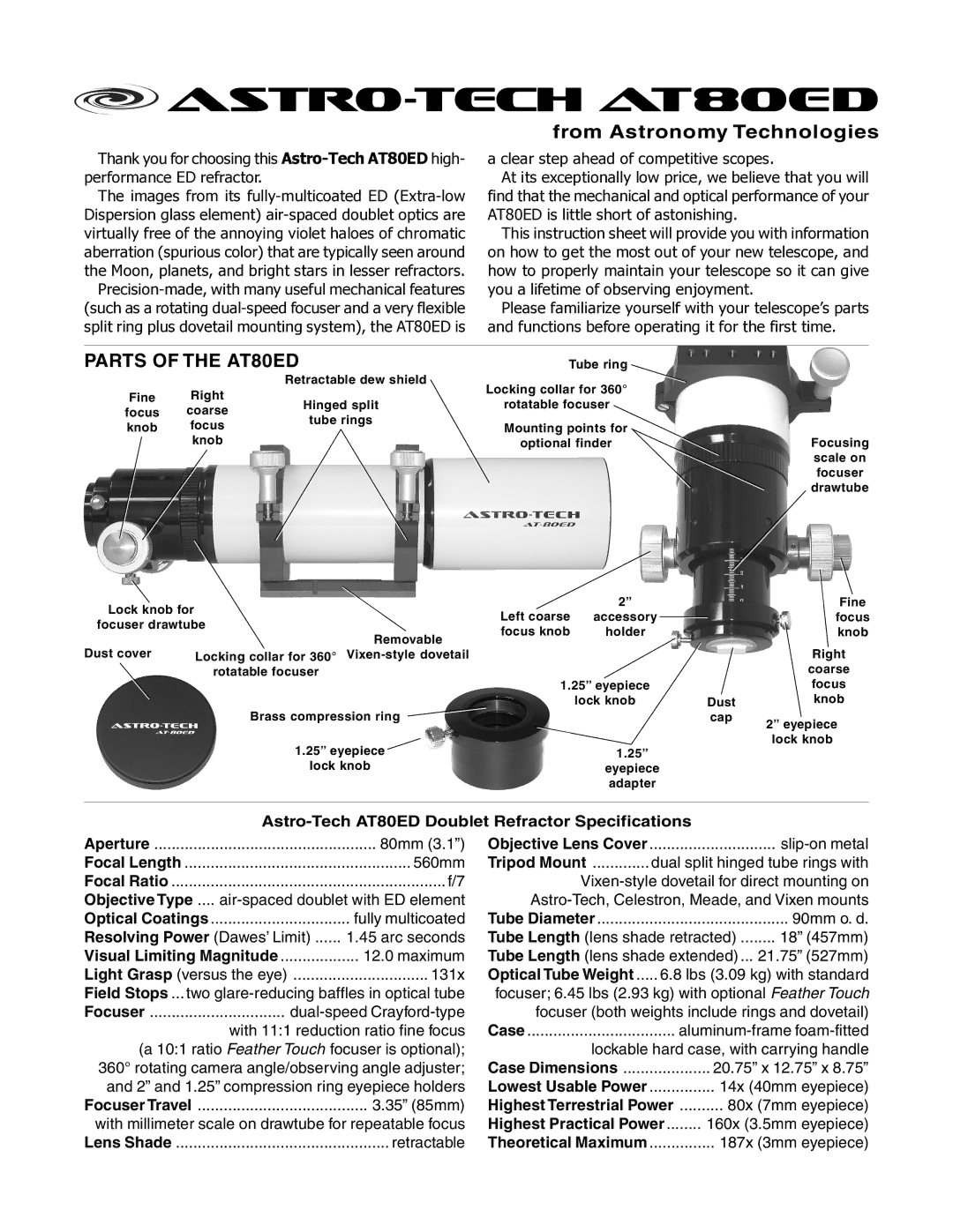 Meade instruction sheet Astro-tech AT80ED, From Astronomy Technologies, Parts of the AT80ED 