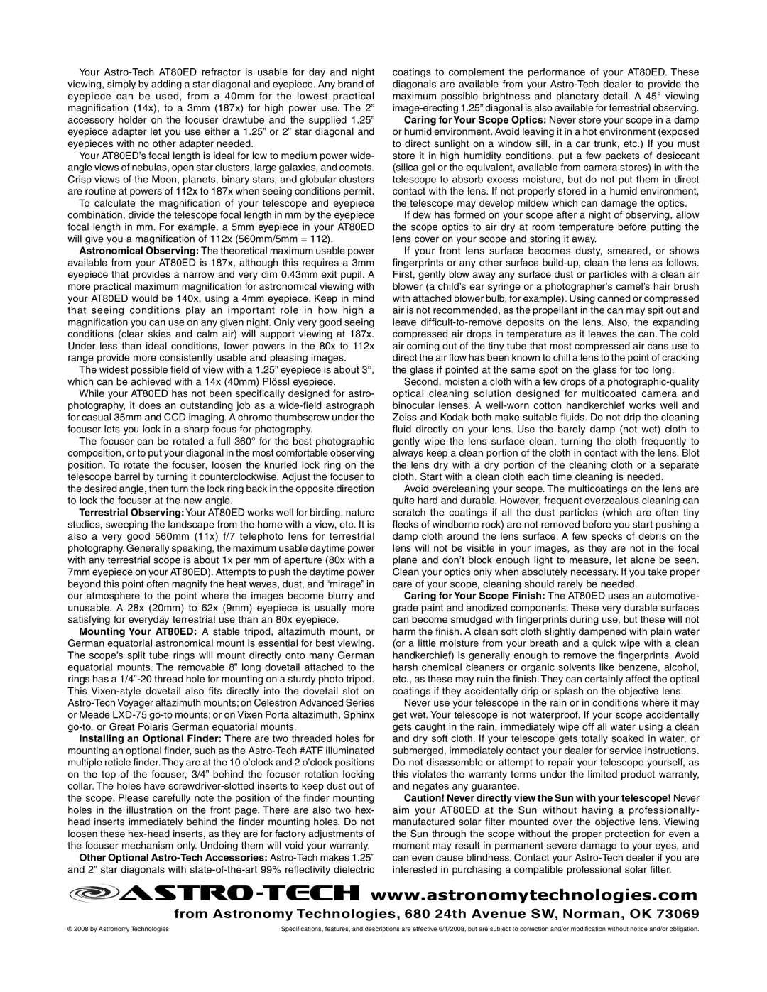 Meade AT80ED instruction sheet From Astronomy Technologies, 680 24th Avenue SW, Norman, OK, By Astronomy Technologies 