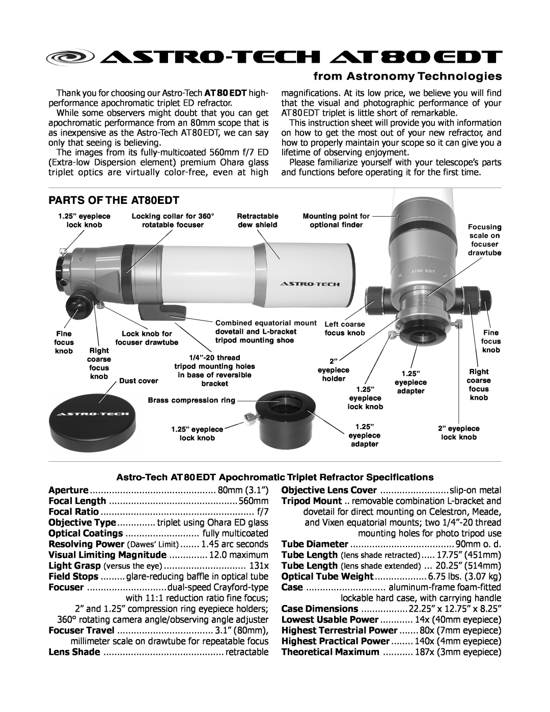 Meade instruction sheet astro-techAT80EDT, from Astronomy Technologies, PARTS OF THE AT80EDT, Visual Limiting Magnitude 