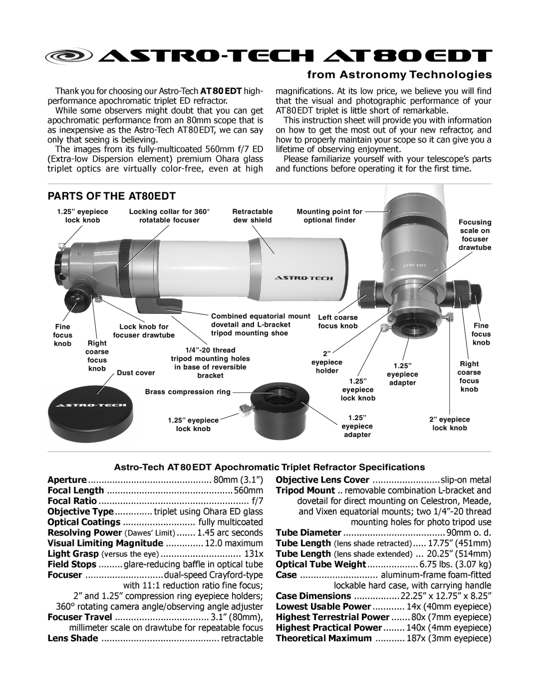 Meade instruction sheet Astro-tech AT80EDT, From Astronomy Technologies, Parts of the AT80EDT 