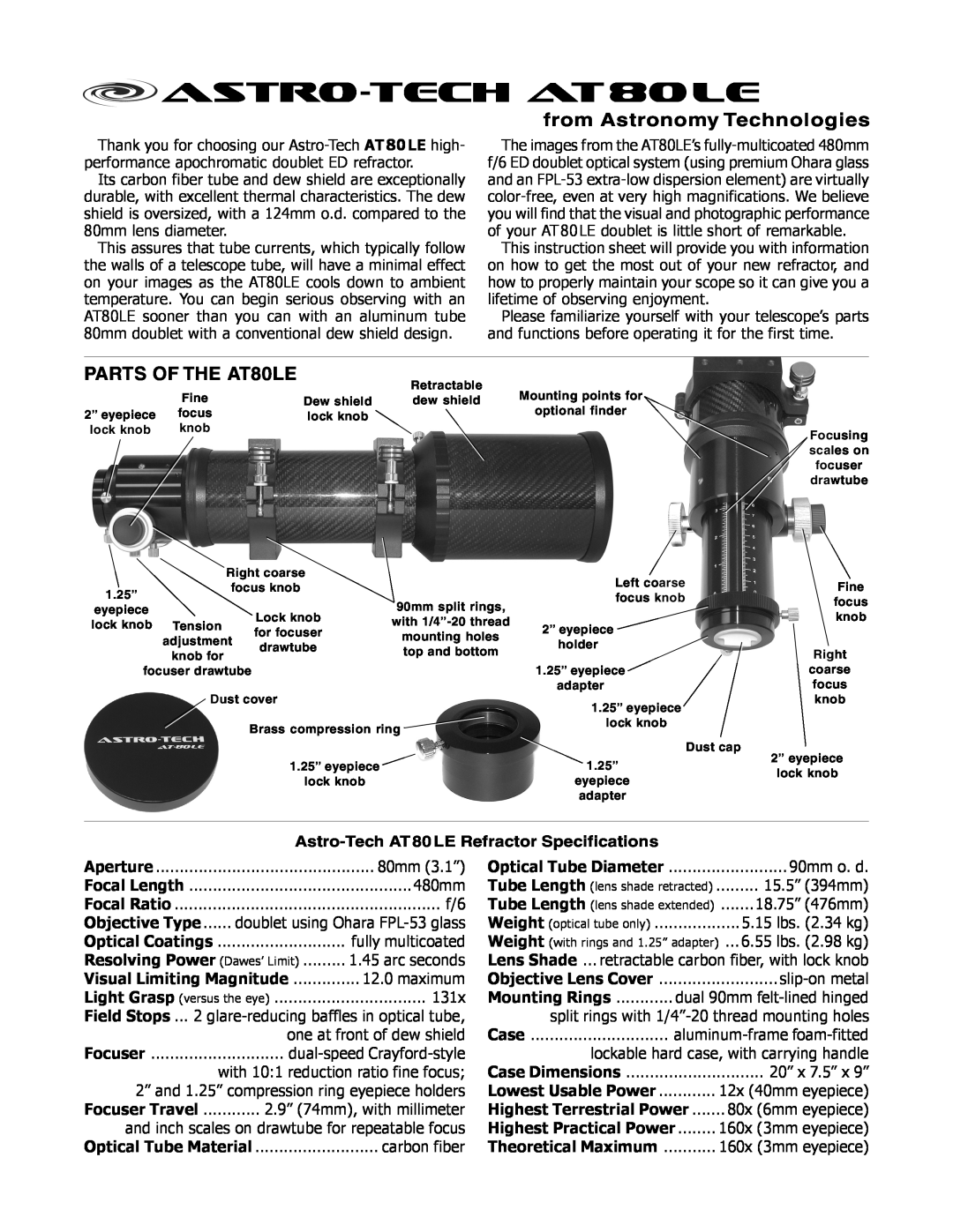 Meade instruction sheet Astro-Tech AT80LE Refractor Specifications, astro-tech AT80LE, from Astronomy Technologies 