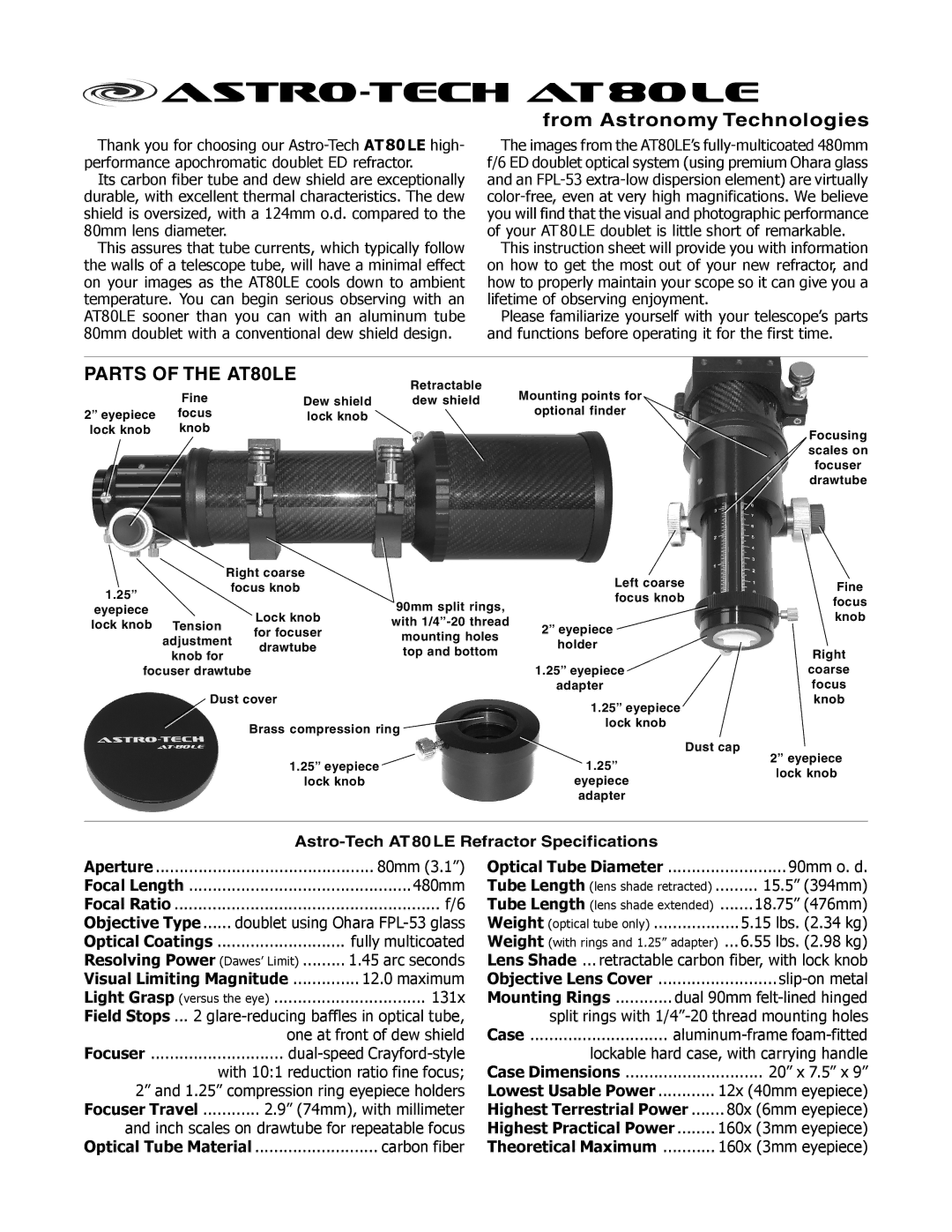 Meade AT80LE instruction sheet Objective Type, Resolving Power Dawes’ Limit, Visual Limiting Magnitude, Focuser Travel 