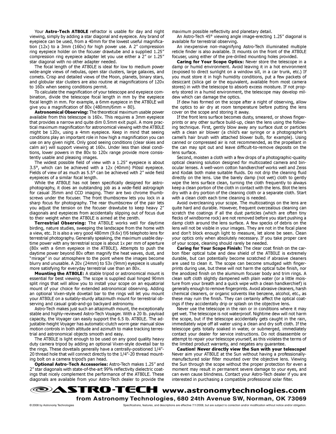 Meade AT80LE instruction sheet From Astronomy Technologies, 680 24th Avenue SW, Norman, OK 