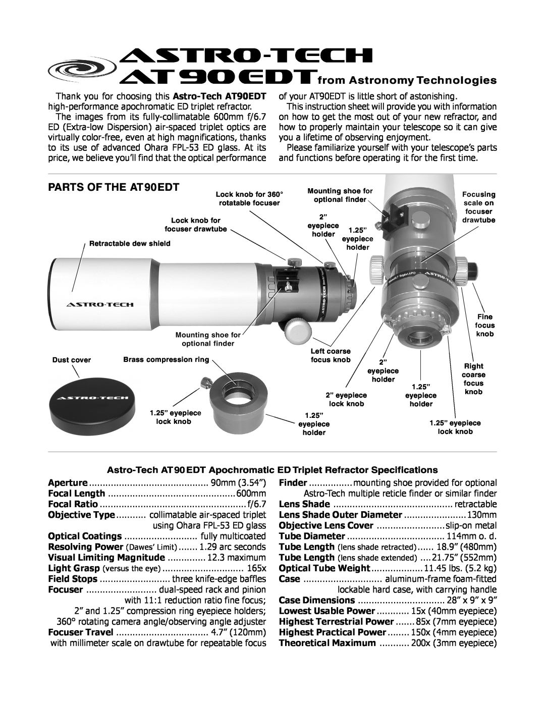 Meade instruction sheet Astro-Tech AT90EDT Apochromatic ED Triplet Refractor Specifications, astro-tech 