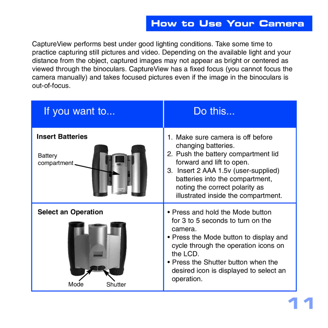 Meade CV-1 8 x 22 VGA manual How to Use Your Camera, Insert Batteries 