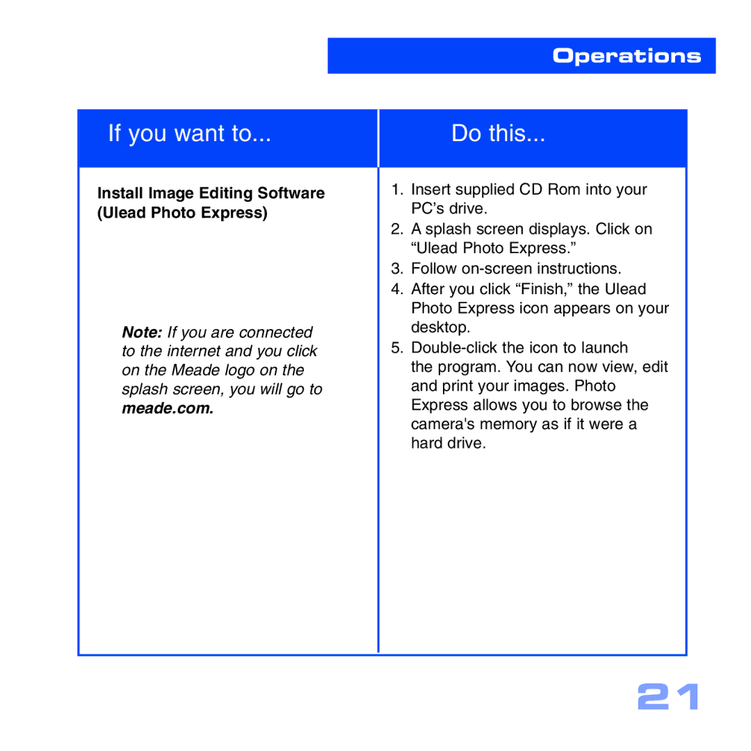 Meade CV-1 8 x 22 VGA manual Install Image Editing Software Ulead Photo Express 