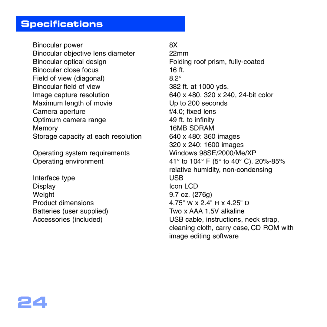 Meade CV-1 8 x 22 VGA manual Specifications 