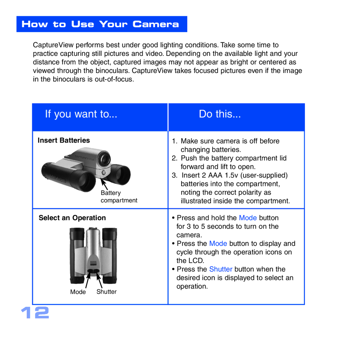 Meade CV-2 manual Insert Batteries, Select an Operation 