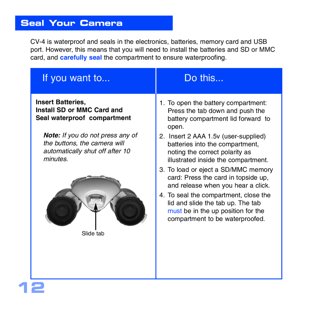 Meade CV-4 8 x 30 manual Seal Your Camera, Insert Batteries 
