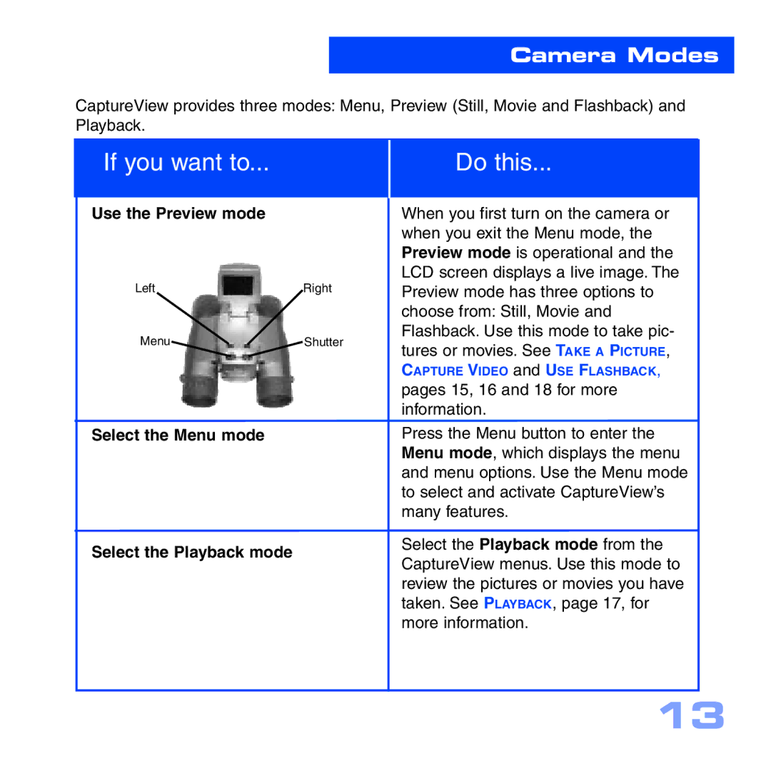 Meade CV-5 manual Camera Modes, Use the Preview mode, Select the Menu mode Select the Playback mode 