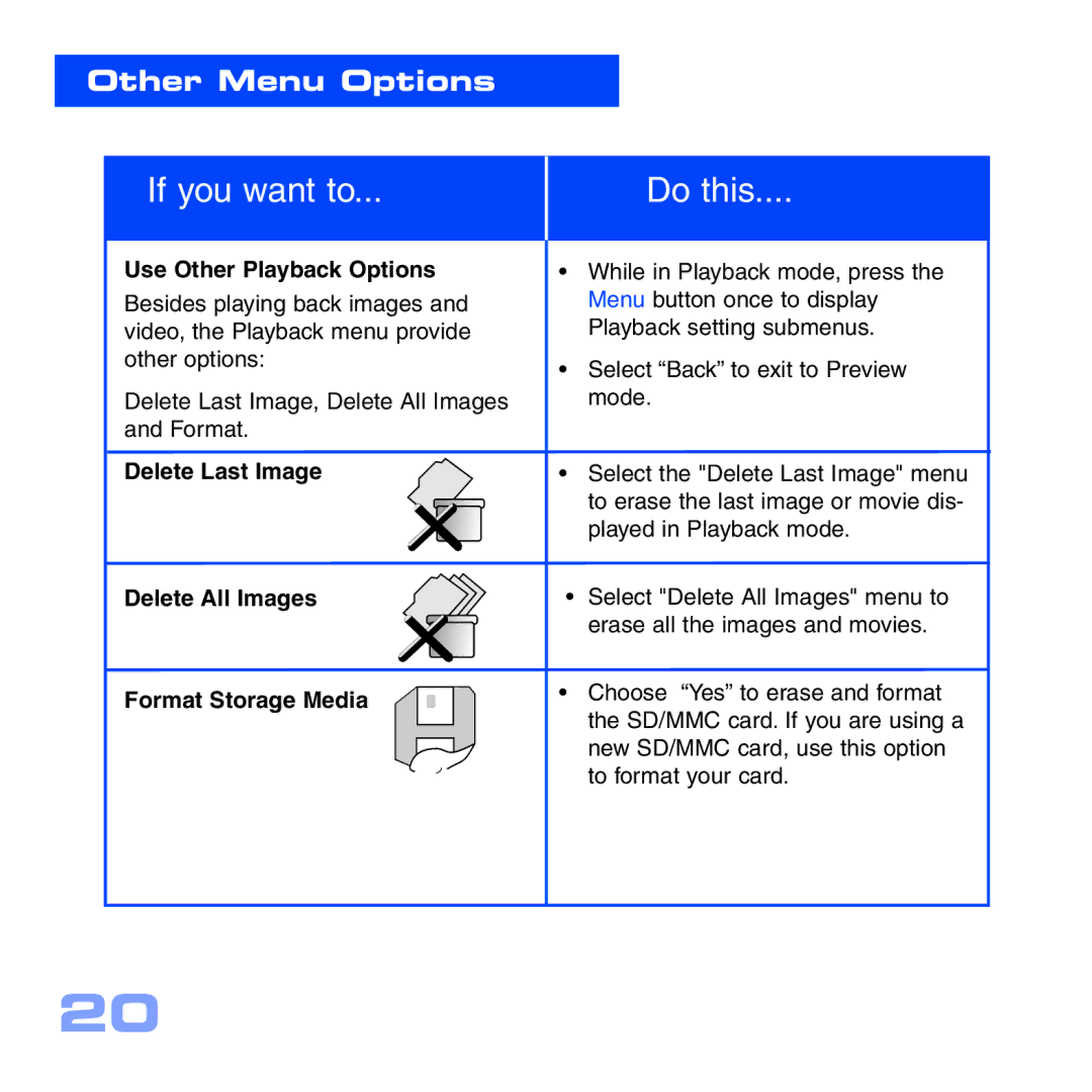 Meade CV-5 manual Use Other Playback Options, Delete Last Image Delete All Images Format Storage Media 