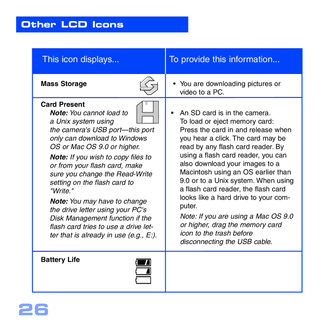 Meade CV-5 manual Other LCD Icons, Mass Storage Card Present Note You cannot load to, Battery Life 