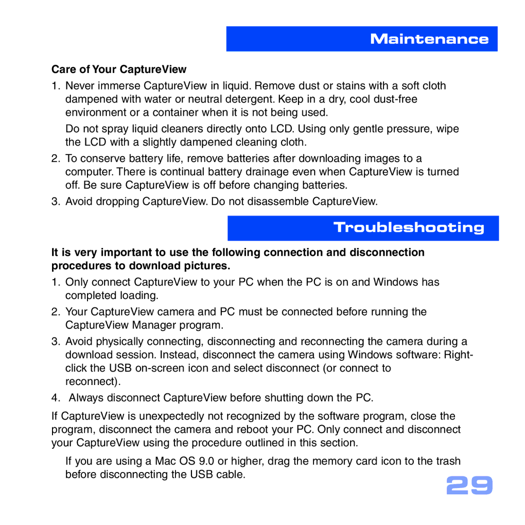 Meade CV-5 manual Maintenance, Troubleshooting, Care of Your CaptureView 