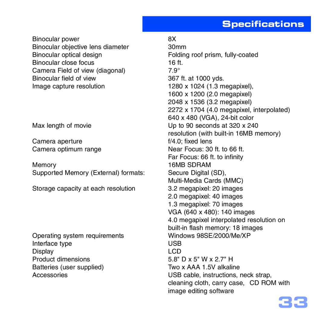 Meade CV-6 manual Specifications, Usb Lcd 