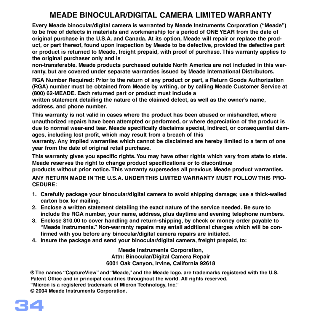 Meade CV-6 manual Meade BINOCULAR/DIGITAL Camera Limited Warranty 