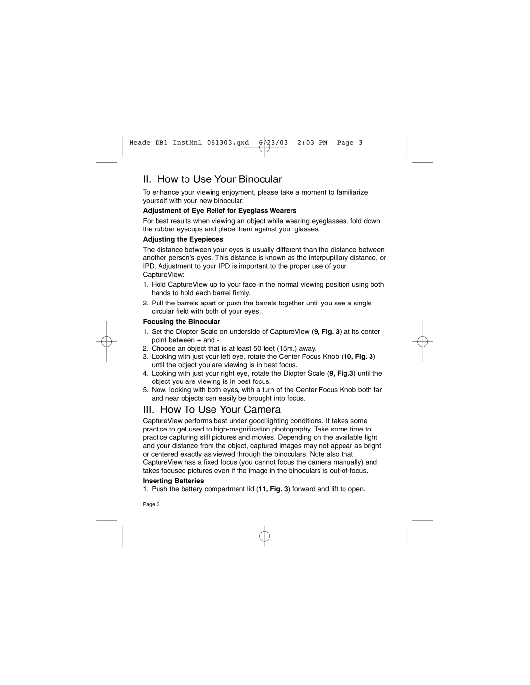 Meade DB1 operating instructions II. How to Use Your Binocular, III. How To Use Your Camera 