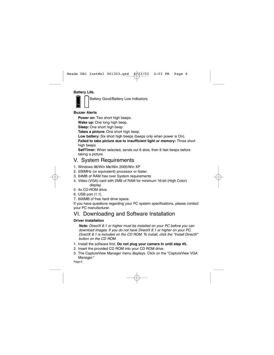 Meade DB1 System Requirements, VI. Downloading and Software Installation, Battery Life, Buzzer Alerts 
