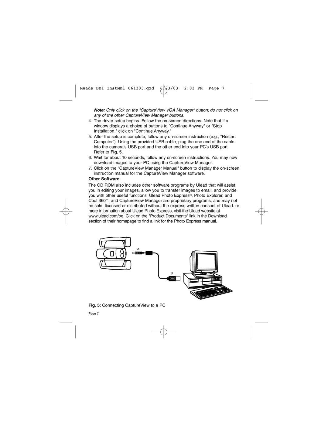 Meade DB1 operating instructions Other Software, Connecting CaptureView to a PC 