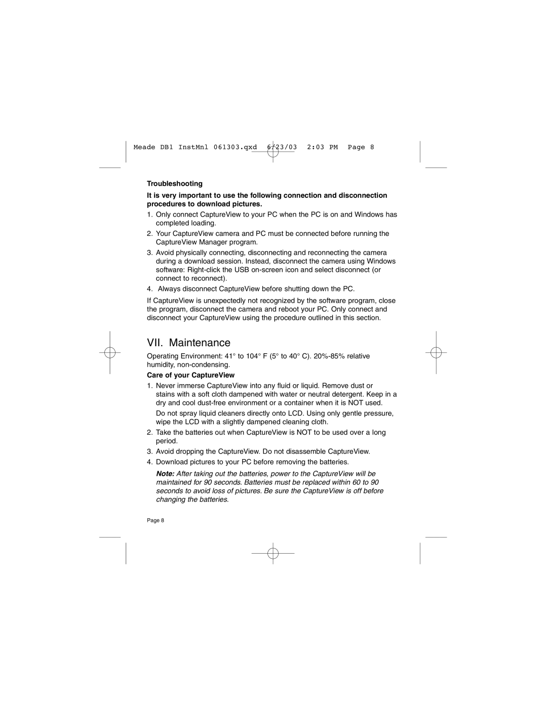 Meade DB1 operating instructions VII. Maintenance, Care of your CaptureView 