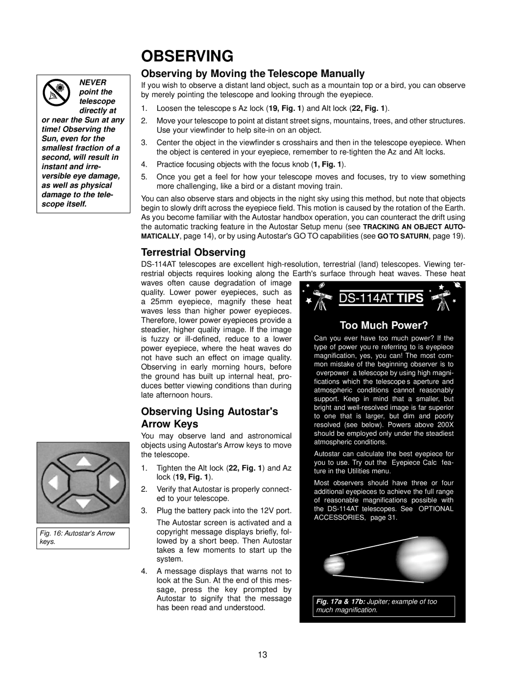 Meade DS-114AT Observing by Moving the Telescope Manually, Terrestrial Observing, Observing Using Autostars Arrow Keys 