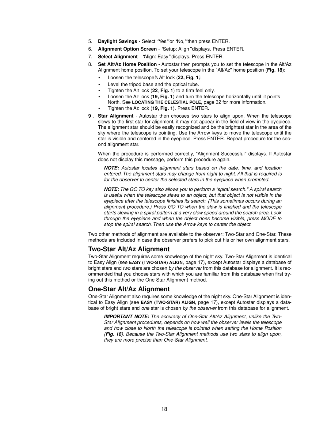 Meade DS-114AT instruction manual Two-Star Alt/Az Alignment, One-Star Alt/Az Alignment 