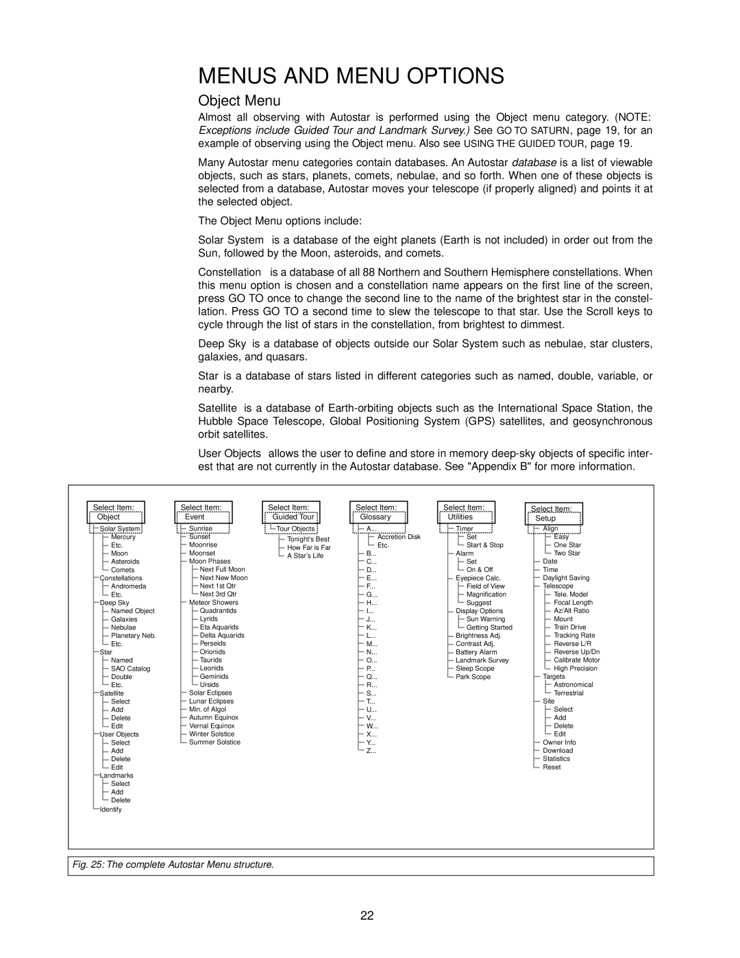 Meade DS-114AT instruction manual Menus and Menu Options, Object Menu 