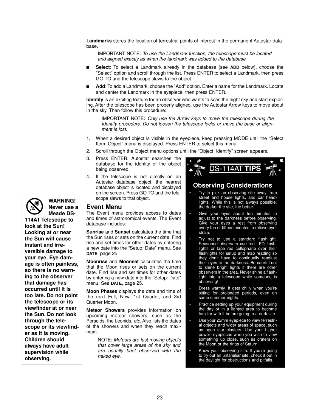 Meade DS-114AT instruction manual Event Menu, Observing Considerations 