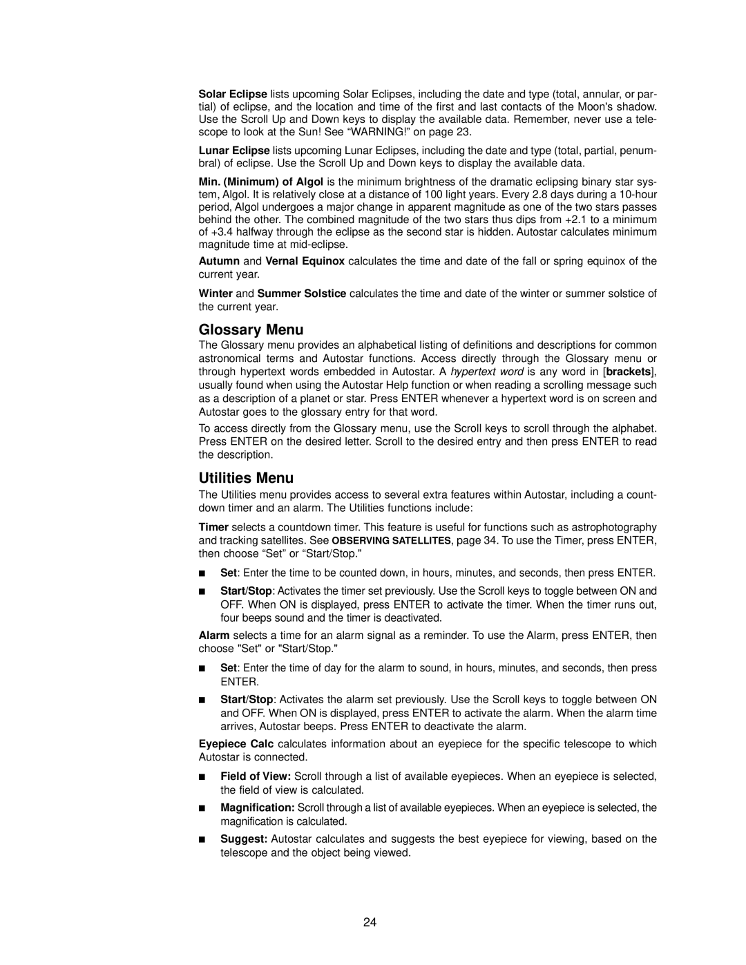 Meade DS-114AT instruction manual Glossary Menu, Utilities Menu 