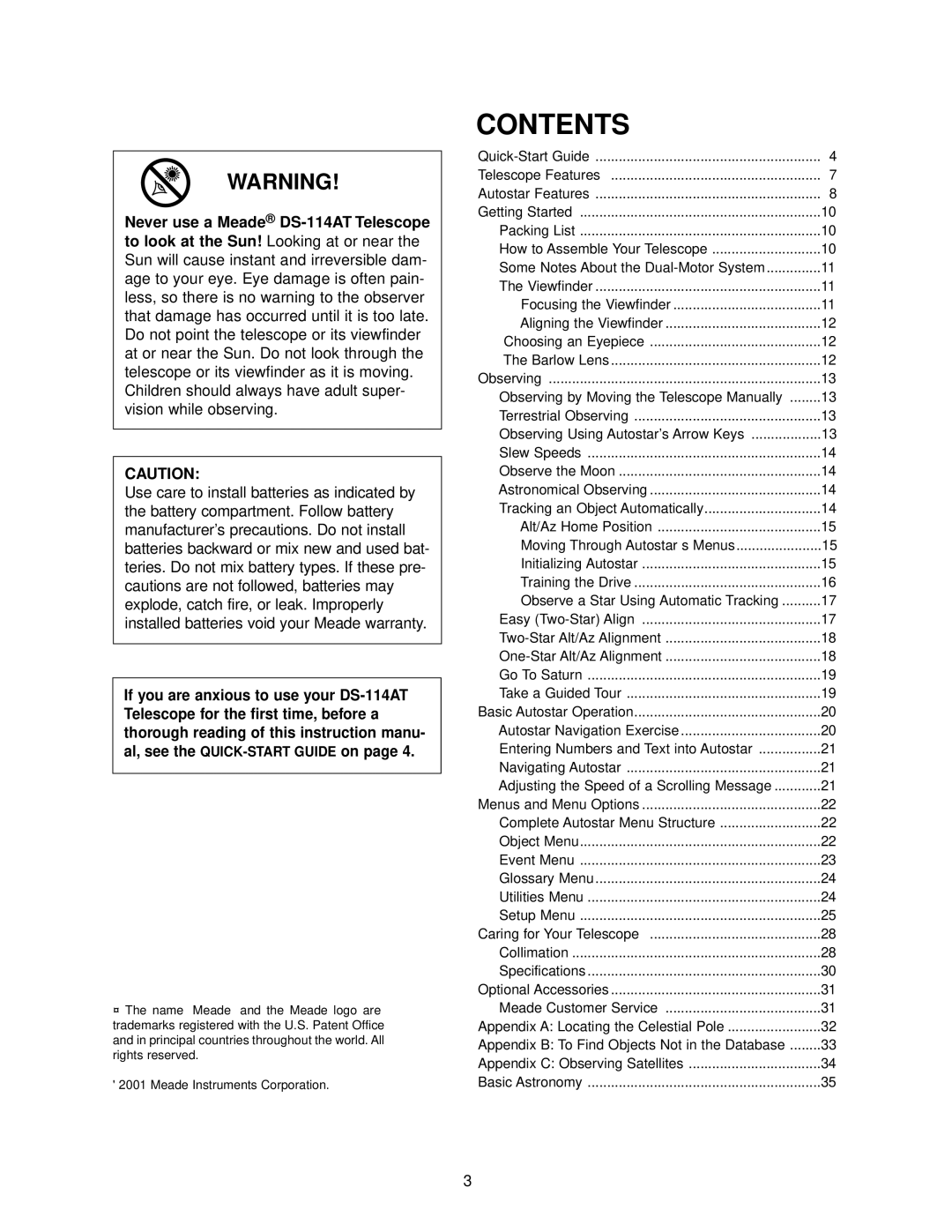 Meade DS-114AT instruction manual Contents 