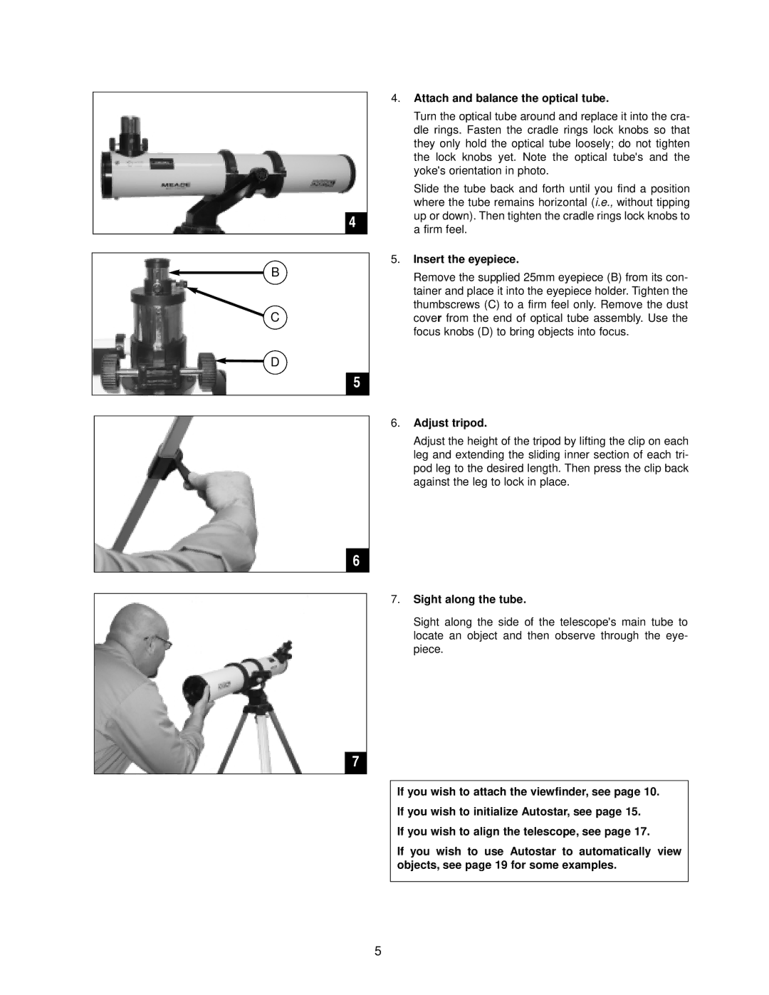 Meade DS-114AT Attach and balance the optical tube, Insert the eyepiece, Adjust tripod, Sight along the tube 