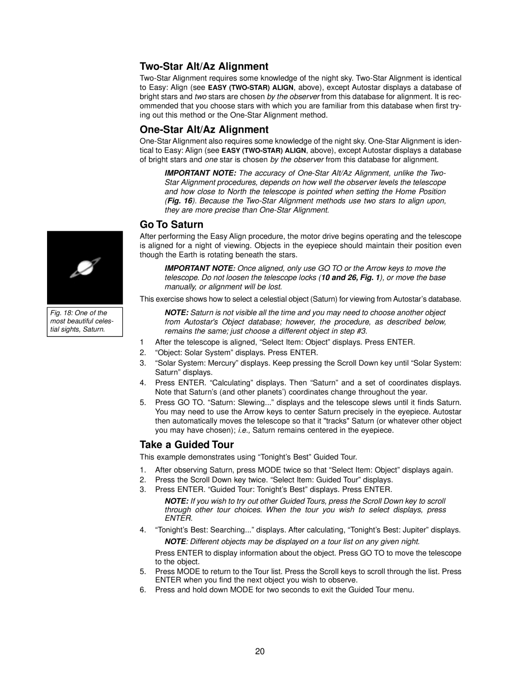 Meade DS-2000 instruction manual Two-Star Alt/Az Alignment, One-Star Alt/Az Alignment, Go To Saturn, Take a Guided Tour 