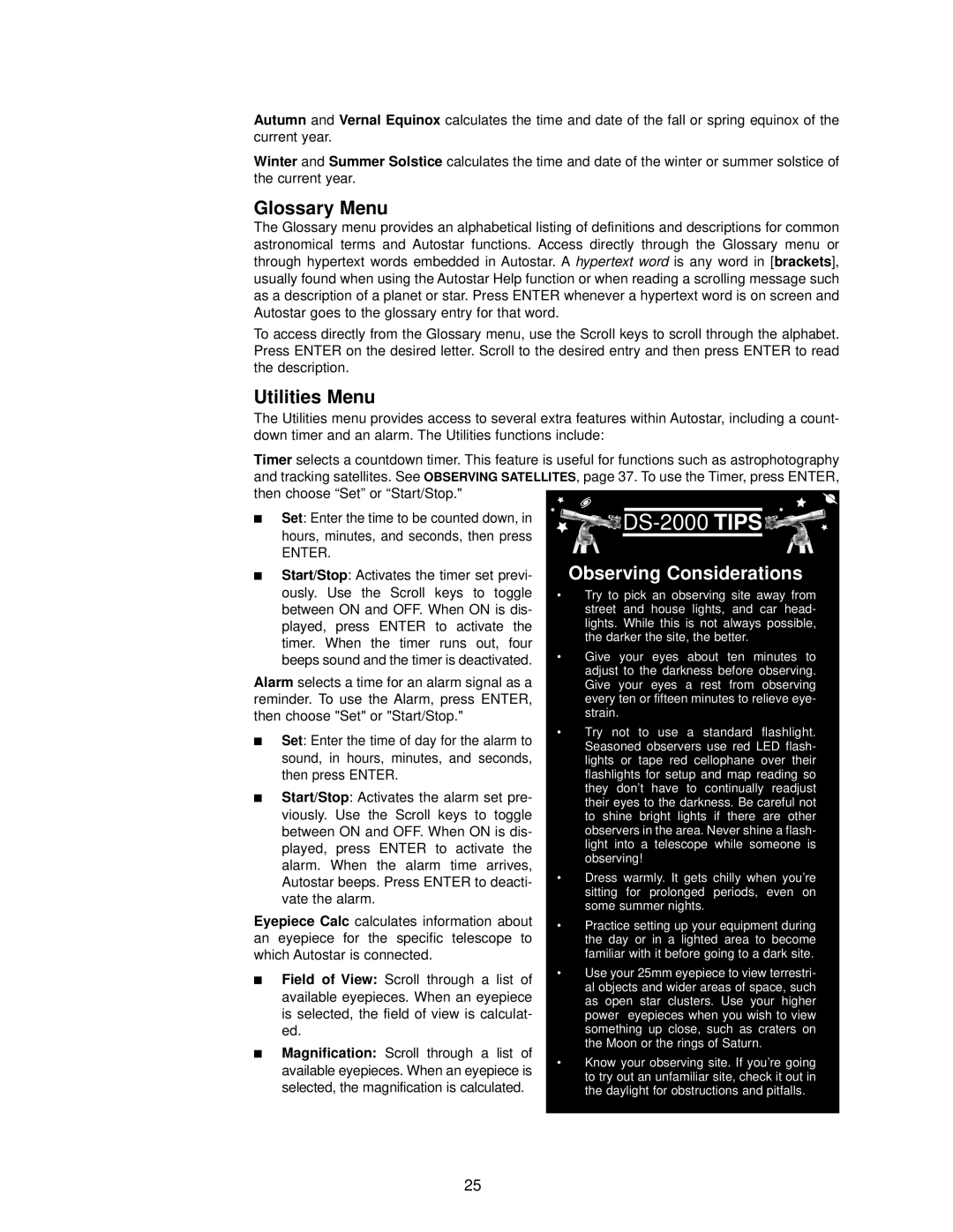 Meade instruction manual Glossary Menu, Utilities Menu, Observing Considerations, DS-2000 TIPS 