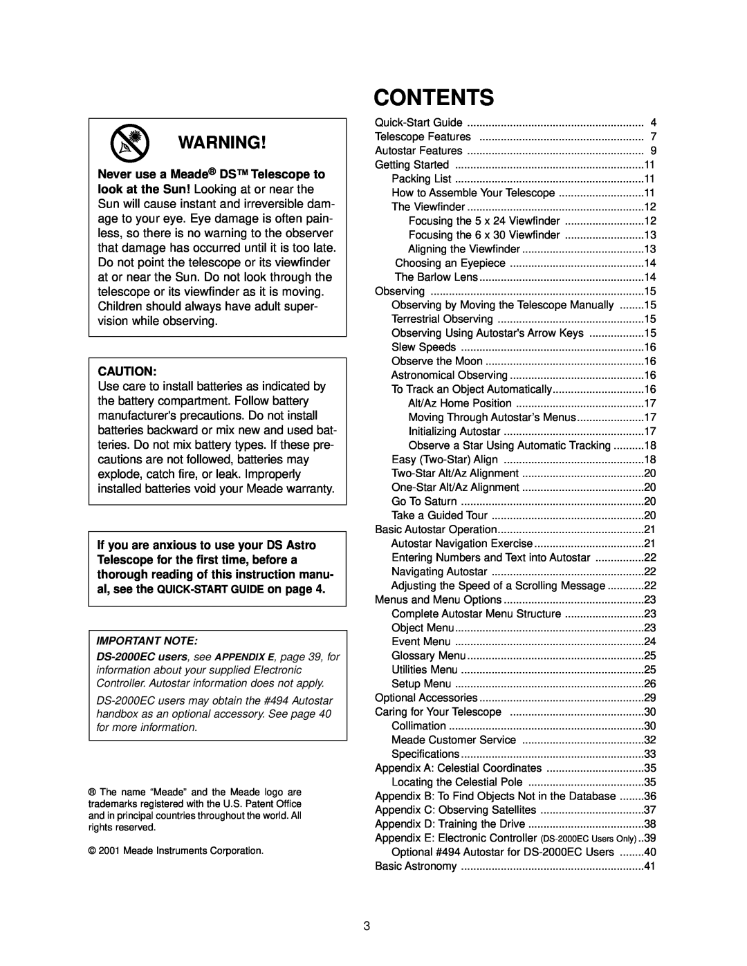 Meade DS-2000 instruction manual Contents, Important Note 