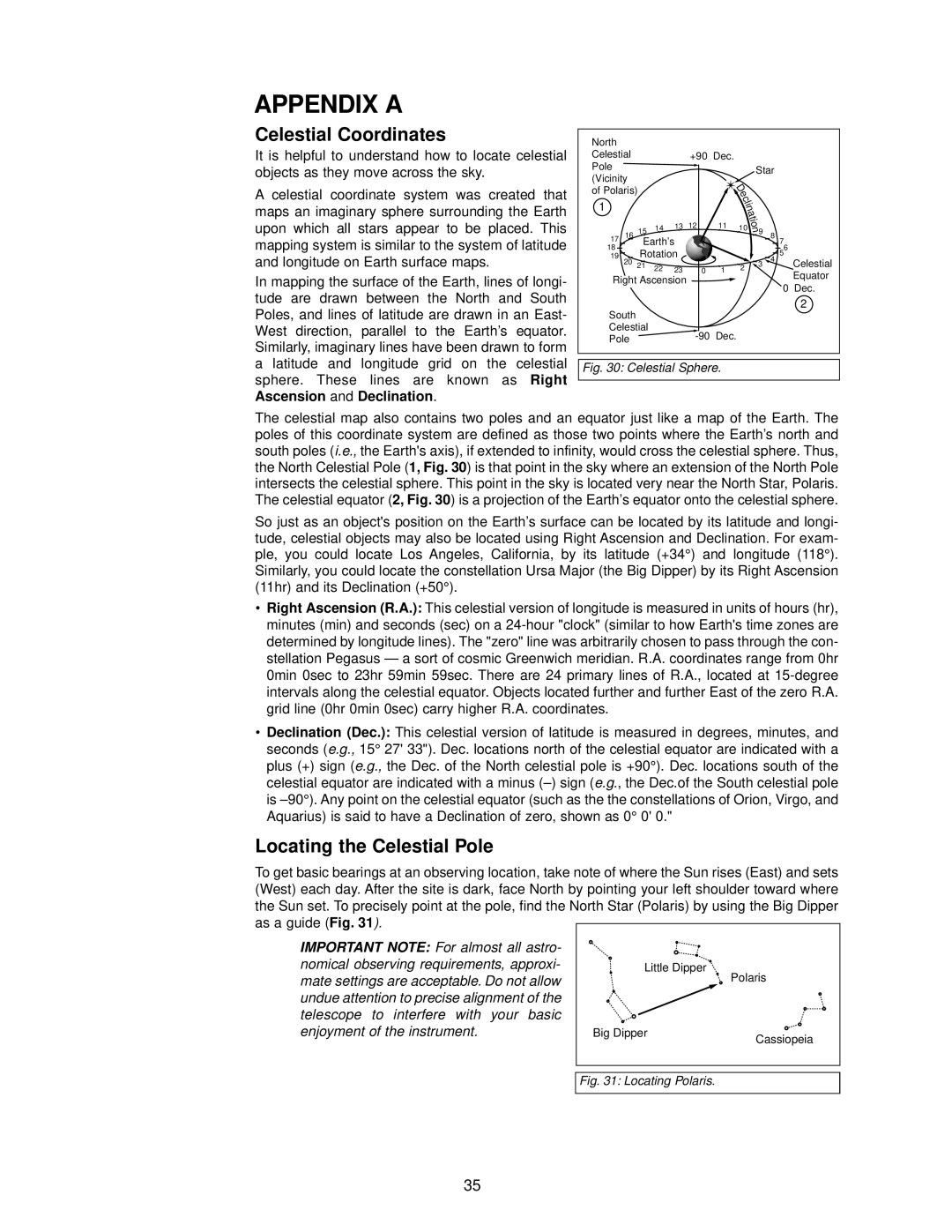 Meade DS-2000 instruction manual Appendix A, Celestial Coordinates, Locating the Celestial Pole 