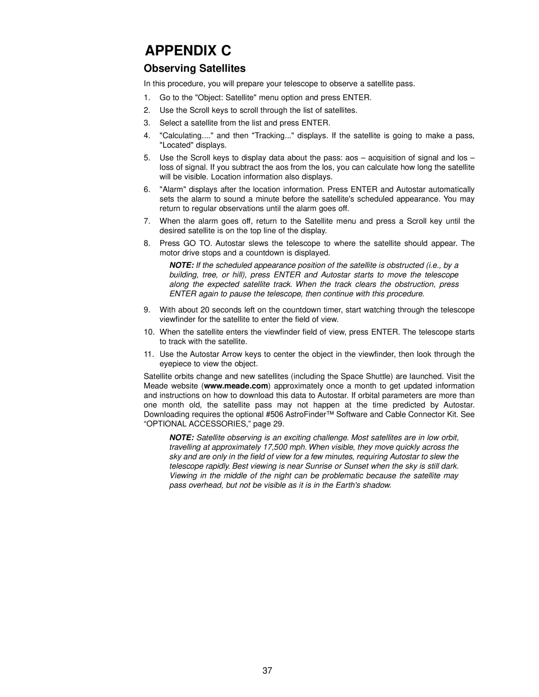 Meade DS-2000 instruction manual Appendix C, Observing Satellites 