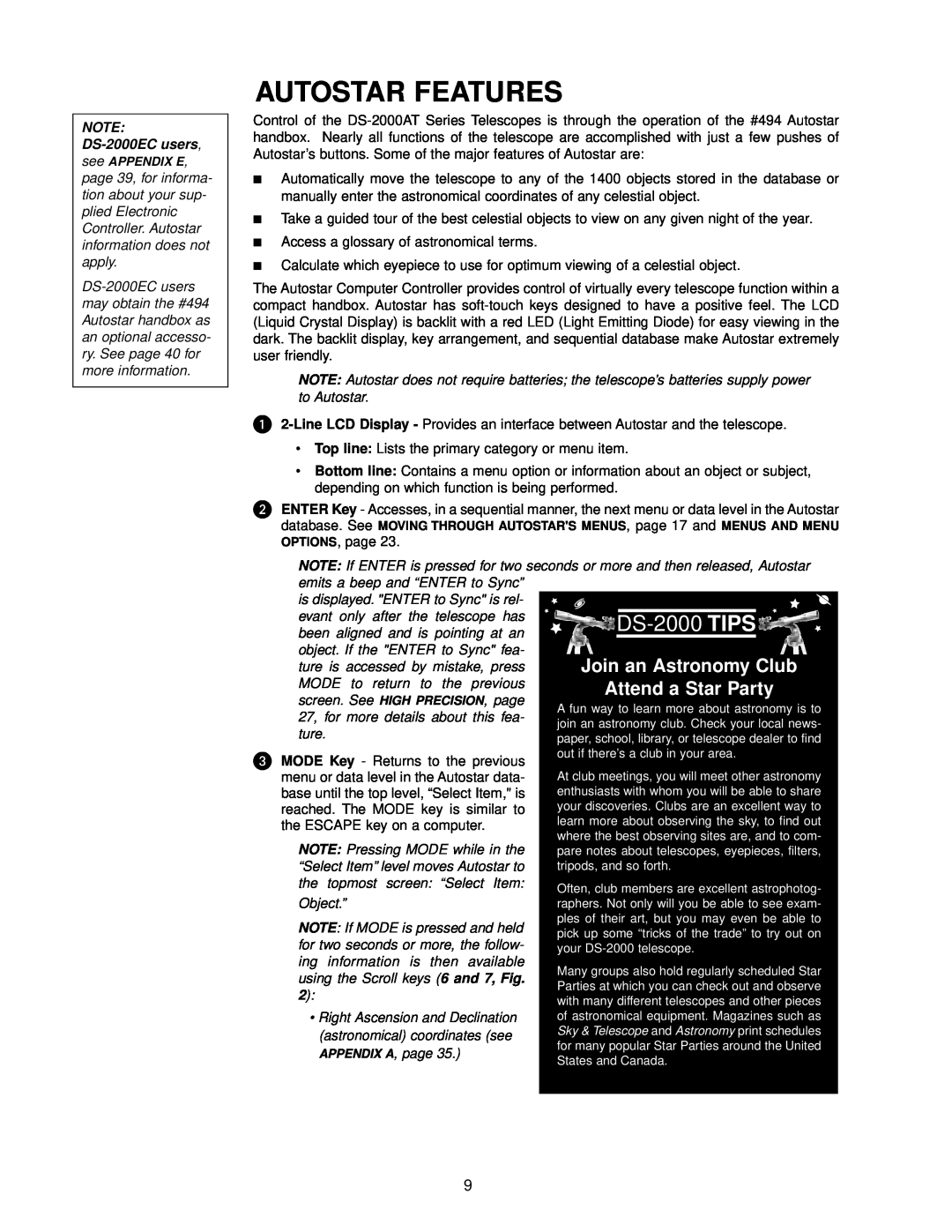Meade instruction manual Autostar Features, DS-2000 TIPS, Join an Astronomy Club, Attend a Star Party 